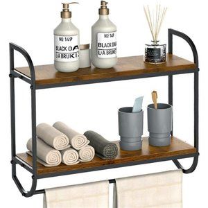 2 Tier Bathroom Shelf with Towel Bar, Wall Floating Shelves Towel Holder